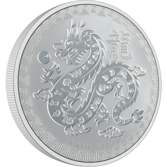 The 1oz Silver Year of the Dragon Coin 2024 features the image of a Dragon and Pearl juxtaposed against clouds in the sky. The Traditional Chinese character for "dragon" is also included on the coin reverse along with the metal weight and quality. The entire design is framed by an ornate border. 