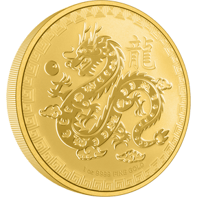 The 1oz Gold Year of the Dragon Coin 2024 features the image of a Dragon and Pearl juxtaposed against clouds in the sky. The Traditional Chinese character for "dragon" is also included on the coin reverse along with the metal weight and quality. 